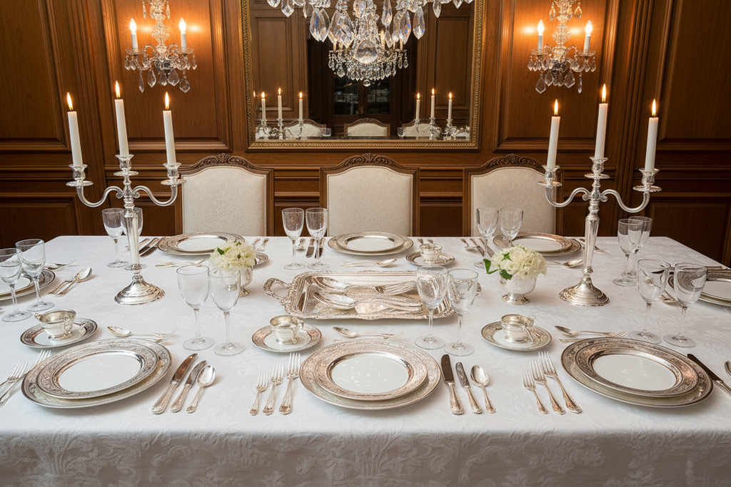 Towle Old Master sterling silver dinnerware set for 12 on formal dining table