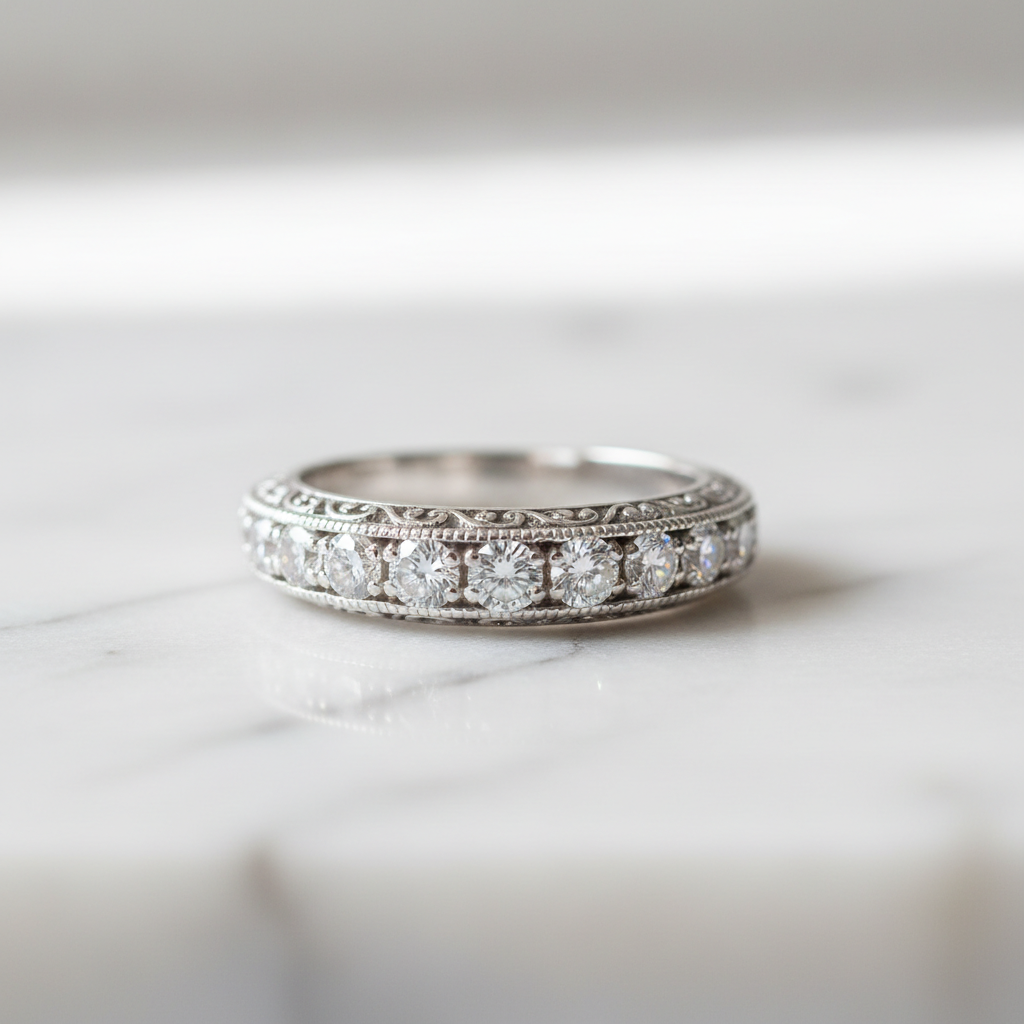Estate 925 sterling silver 3-carat diamond ring on white marble surface