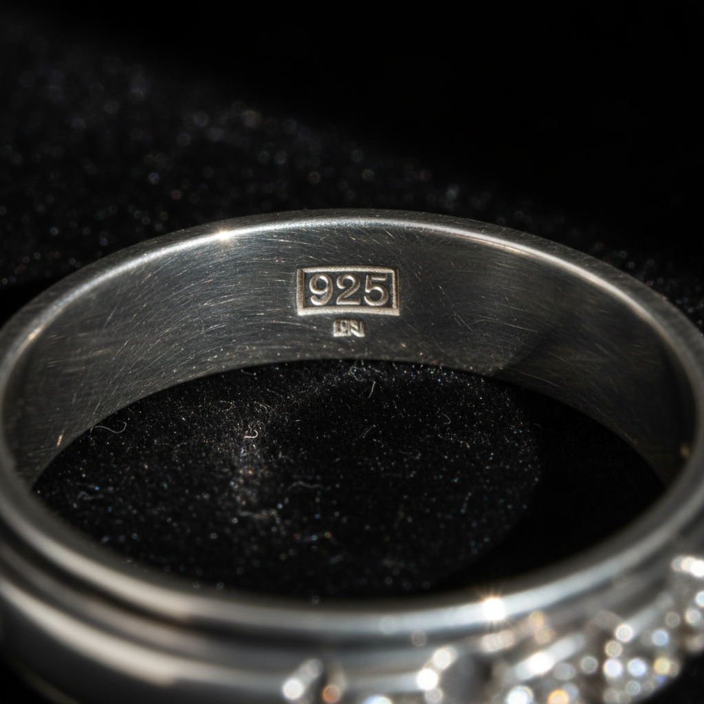 Close-up of 925 hallmark stamp on interior of sterling silver ring band
